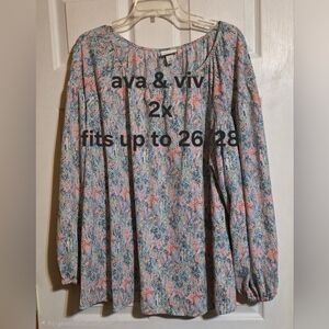 Ava & Viv Multicolor Floral Peasant Blouse in Blue and Pink